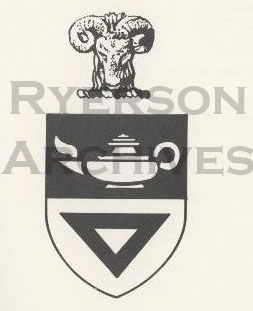 This symbol contains the main heraldic symbols of the coat-of-arms. In this case, there is only one ram. (from the Academic Calendar covers 1965-66)