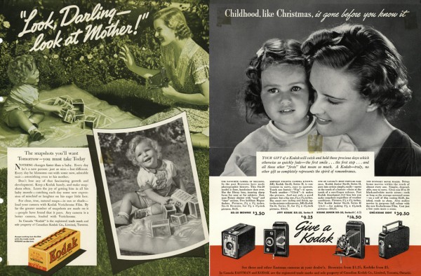 "The snapshots you want tomorrow, you must take today!" 1939 advertisements from the Canadian Kodak Corporate Archive and Heritage Collection, Ryerson University Library and Archives, accession number 2005.001.1.7