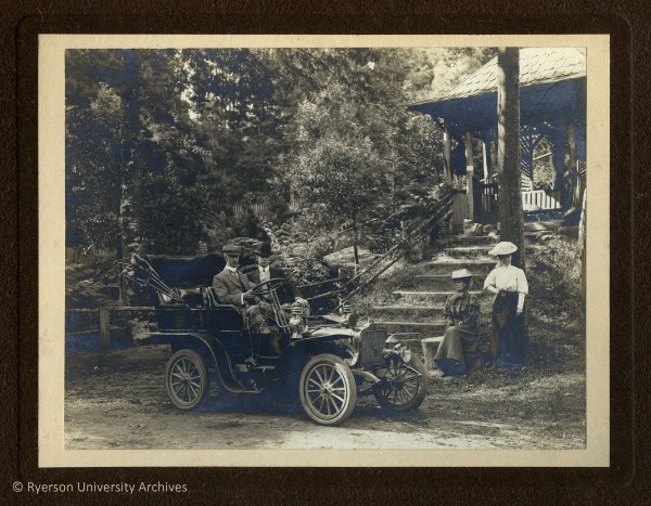 Figure 6: 2008.001.1482.2. Unknown, [Portrait of two men in a car], gelatin silver print on card mount [ca. 1905], 24.8 x 30.5 cm (with mount).