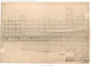South Elevation of Building 5, 1914. This architectural ink drawing on calendered cloth is for one of the original seven buildings and one of the largest buildings at Kodak Heights.