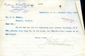 Letter, December 24, 1903. George Eastman authorizes John Palmer to purchase the vacant lot adjoining the existing King Street plant for the purpose of expansion.