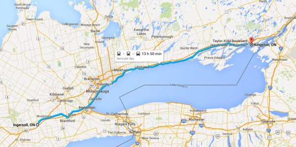 Screenshot of Google Maps route from Kingston to Ingersoll using Via Rail Canada and Kingston Transit. 
