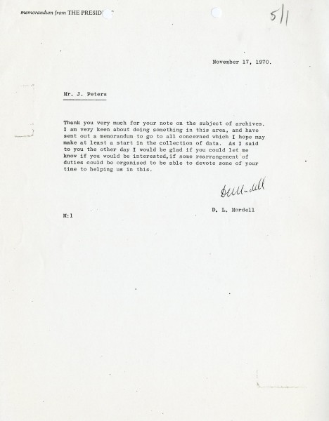 Donald Mordell memo to Jim Peters - thanking him for his suggestions and asking him if he would be interested in taking the position of Archivist.