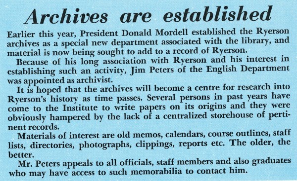 Technikos magazine article announcing the establishment of Ryerson's Archives within the Library with Jim Peters as the Archivist.