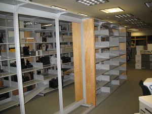 Empty shelving in Special Collections.