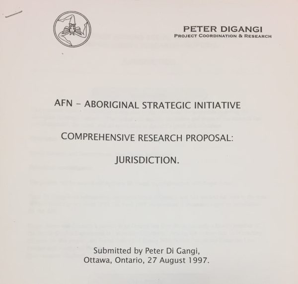 Image of a paper report by Peter Di Gangi titled "AFN - Aboriginal Strategic Initiative: Comprehensive Research Proposal Jurisdiction"
