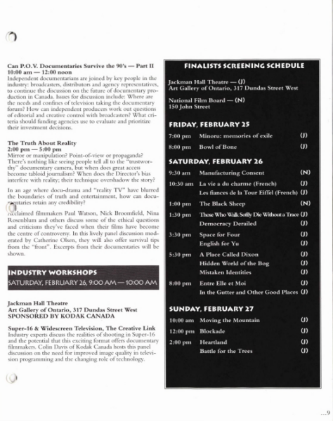 Page 9 of the 1994 Hot Docs program, outlining the titles to be screened and an industry workshop