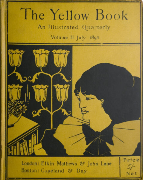 The Yellow Book Volume II front cover with a black illustrations on top of a yellow book cover. Features a women with dark hair wearing a dress with a bow looking at a book shelf 