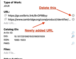 Screenshot of citation manager showing newly added URL. Text indicating to delete previous URL.