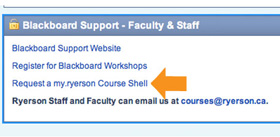 Screenshot of Request a my.ryerson Course Shell link in Blackboard
